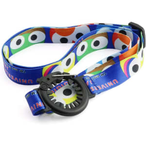 A drink bottle sling lanyard with a colourful design featuring various cartoon-like eyes and a black clasp.