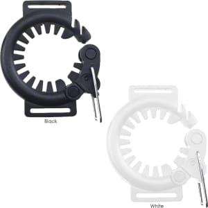 A drink bottle sling lanyard in black and white, featuring adjustable clips and a logo.