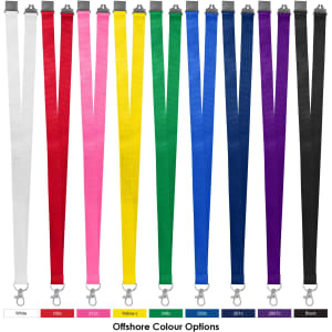 A collection of Bamboo Lanyards in various colours: white, pink, red, yellow, green, blue, purple, and black, with clips.