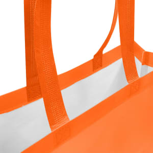 An orange laminated non-woven tote bag with a large gusset and sturdy straps. The interior is white.