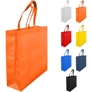 An orange laminated non-woven tote bag with a large gusset, featuring two handles. Additional colour options are displayed.