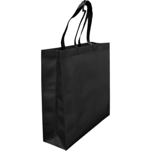 A black laminated non-woven tote bag with a large gusset and dual handles, featuring a branding logo.