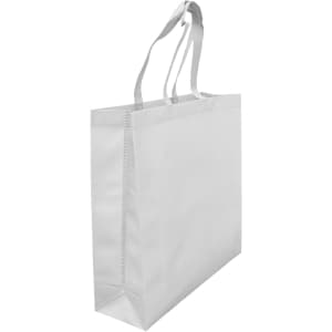 A large, white laminated non-woven tote bag with a gusset and two sturdy handles. It features a logo.