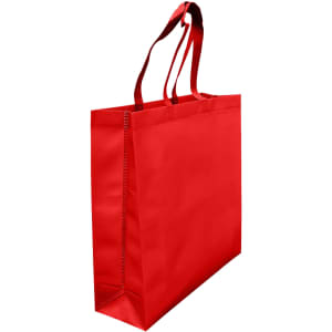 A red laminated non-woven tote bag with large gusset and two handles, featuring a logo.
