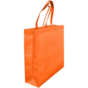 An orange laminated non-woven tote bag with a large gusset and two sturdy handles. It features a logo on one side.