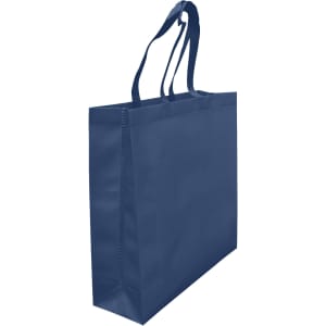A navy blue laminated non-woven tote bag with large gusset and two shoulder straps. It features a logo.
