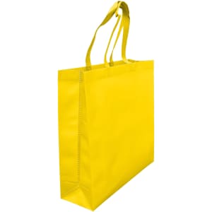 A large yellow laminated non-woven tote bag with a gusset and two shoulder straps. It features a logo.