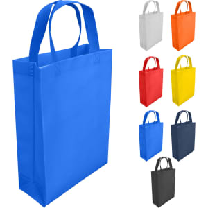 A blue laminated non-woven trade show bag with dual handles, displayed alongside bags in grey, orange, red, yellow, and black.