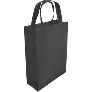 A black laminated non-woven trade show bag with two handles and a structured design. Features a logo on the side.