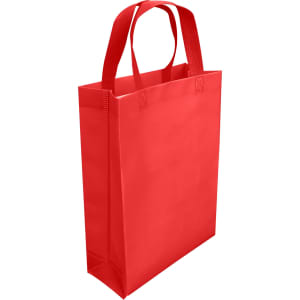 A vibrant red laminated non-woven trade show bag with sturdy handles and a sleek design.