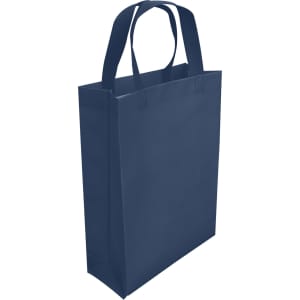 A navy laminated non-woven trade show bag with sturdy handles and a minimalist design. It features a logo.