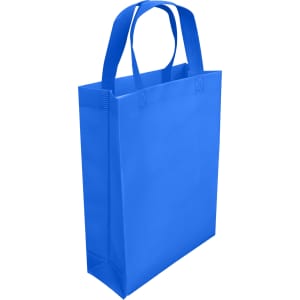 A blue laminated non-woven trade show bag with two sturdy handles and a flat base. Features a logo.