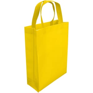 A yellow laminated non-woven trade show bag with sturdy handles and a solid structure, featuring a logo.