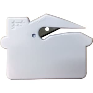 A white, house-shaped letter opener with a sharp blade and a logo visible on the surface.