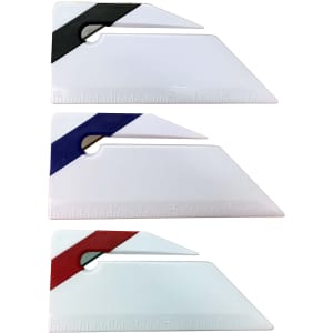 A set of three letter openers in white with black, purple, and red stripes, featuring ruler markings and a logo.