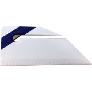 A white ruler letter opener with a blue stripe, featuring measurement markings along one edge.