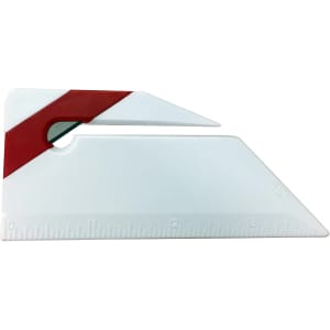 A white letter opener shaped like a ruler with a red accent, featuring a cutting edge and measurement markings.