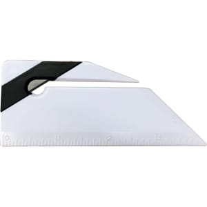 A white ruler letter opener with a black accent, featuring measurement markings along one edge.