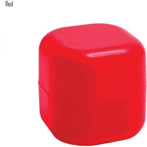 A red cube-shaped container of lip balm with a smooth, glossy finish. It has a logo on the surface.