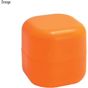An orange lip balm cube with a smooth, rounded design. It features a logo on the surface.