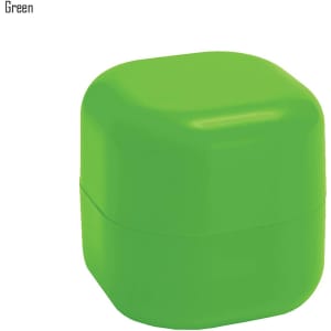 A green cube-shaped lip balm container with a smooth surface and no visible branding.