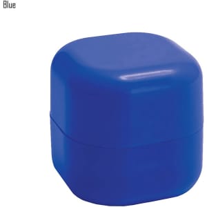 A blue cube-shaped lip balm container with a glossy finish and a logo on the surface.