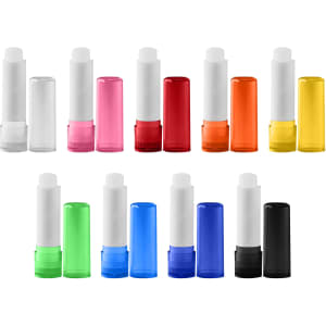 A collection of lip balm sticks in various colours, including red, pink, orange, yellow, green, blue, black, and clear.