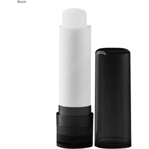 A lip balm stick with a white body and a black cap, featuring a simple design and a logo.