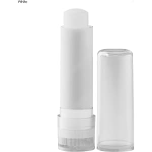 A lip balm stick in a white container with a clear cap. The base has a textured twist mechanism.