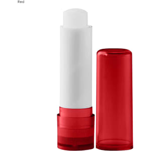 A lip balm stick with a white balm and a bright red casing. The packaging has a clear cap and a twist base.