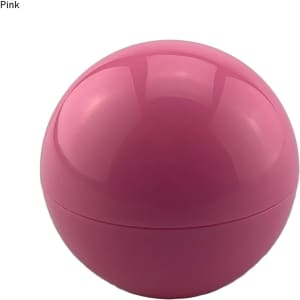 A pink, spherical lip balm container with a glossy finish and a branding logo on its surface.