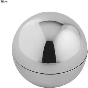 A silver spherical lip balm container with a polished surface and a removable lid. It features a logo on the top.
