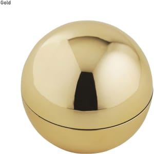 A shiny gold lip balm container in a spherical shape, featuring a smooth surface and a hinge.