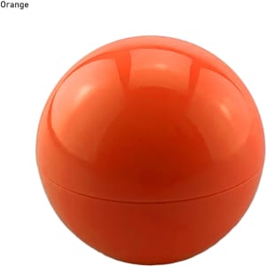 An orange spherical lip balm container with a smooth glossy finish and a branding logo.
