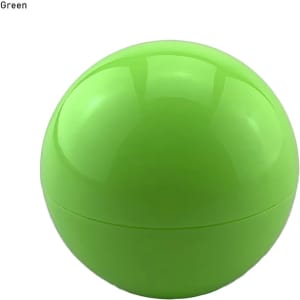 A green lip balm ball with a shiny, smooth surface and a modern, spherical shape. It features a logo.