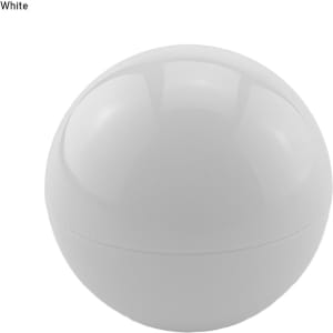 A round white container designed for lip balm, featuring a smooth, glossy surface and a logo.