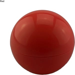 A round, red lip balm container with a glossy finish and a logo on the surface.