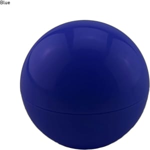 A blue lip balm ball with a shiny, rounded exterior and a branding logo on the surface.