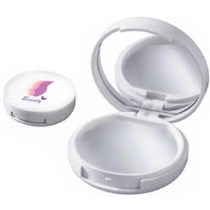 A white lip gloss compact with a mirror, featuring a branded logo on the lid.