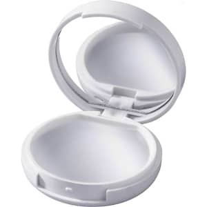 A white lip gloss container with a mirror inside, featuring a smooth, rounded design and a secure clasp.