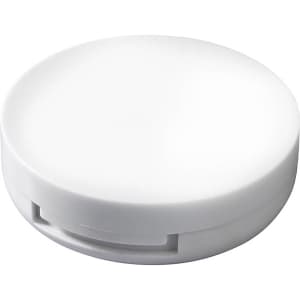 A round, white lip gloss container with a built-in mirror. Features a smooth, minimalist design.