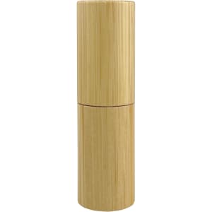 A bamboo lip balm stick featuring a cylindrical design in natural wood tones, with a smooth finish and a logo.