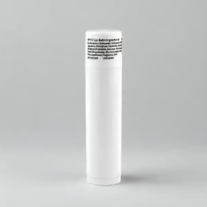 A white lip balm tube with a rounded cap, featuring ingredient information on the label.