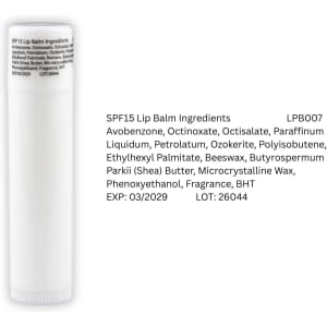 A white lip balm tube with a cylindrical shape, featuring a logo and ingredient list on the side.