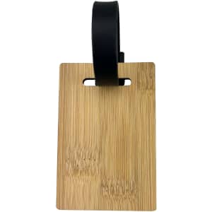 A bamboo luggage tag with a black strap. The tag features a natural wood finish and a minimalist design.
