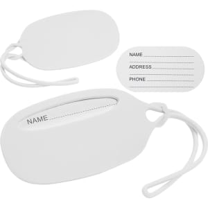 A white silicone luggage tag with a slot for personal details and a loop attachment. It features a branding logo.