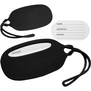 A black silicone luggage tag featuring a transparent area for personal details and a loop attachment.