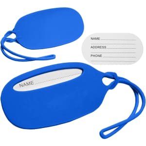 A blue silicone luggage tag with an attached identification card for personal information. It features a logo.