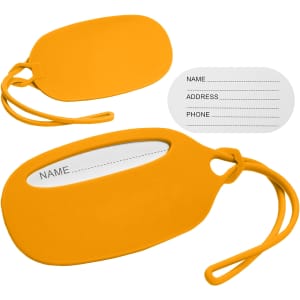 A yellow silicone luggage tag featuring a transparent insert for details and a loop for attachment.