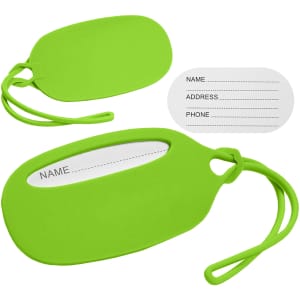 A vibrant green silicone luggage tag with a slot for personal information and a matching strap.
